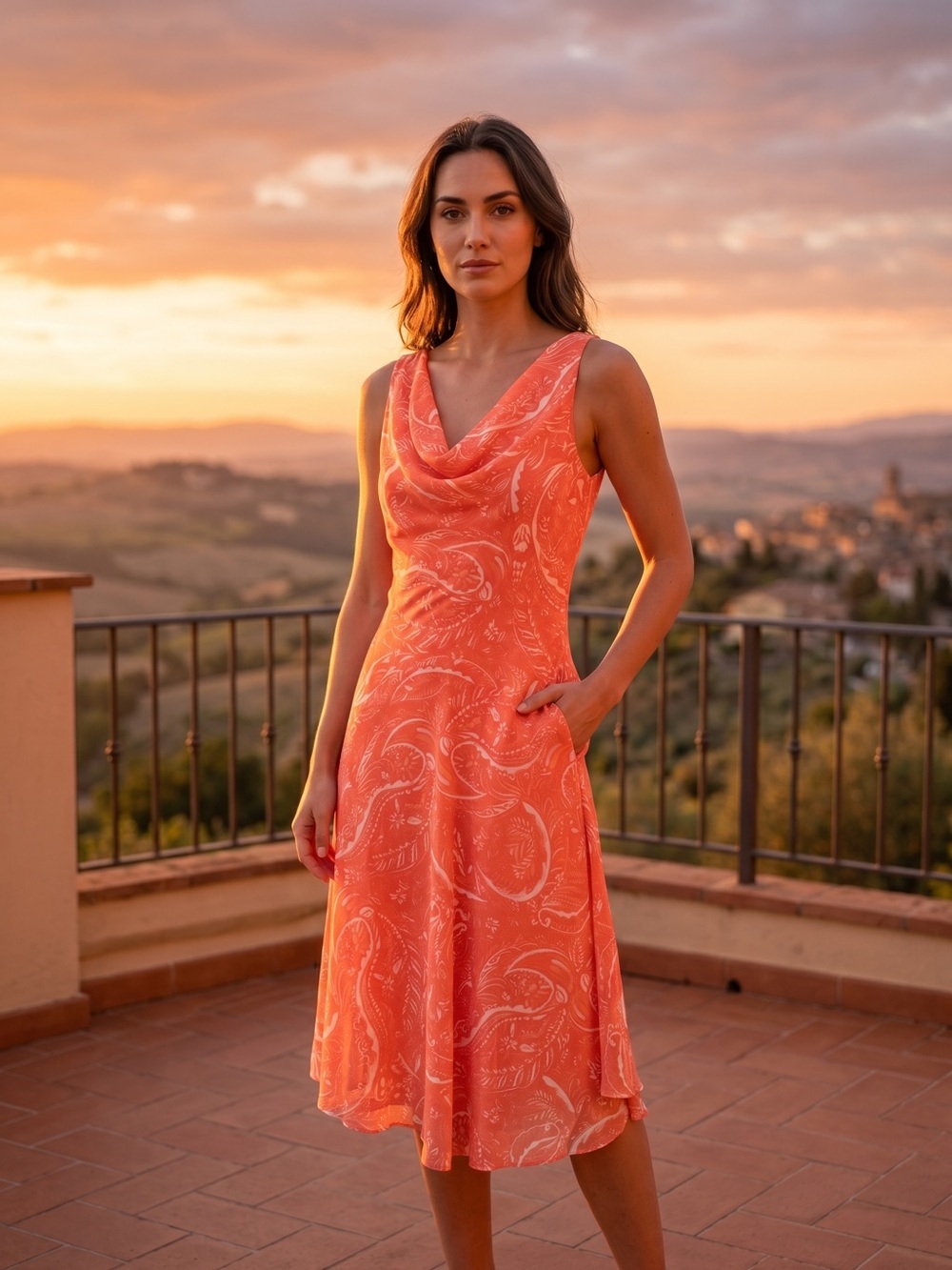 Robbie Bee Coral Paisley Cowl Midi Dress